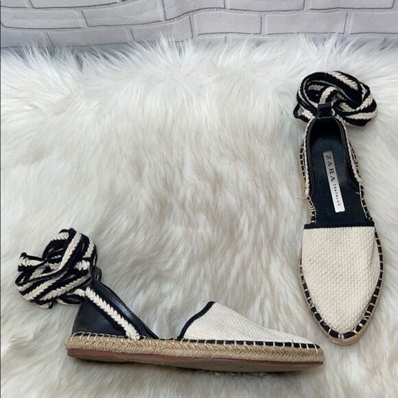 Zara Trafaluc Woven White Ankle Tie Espadrille Sz6 - Picture 1 of 6